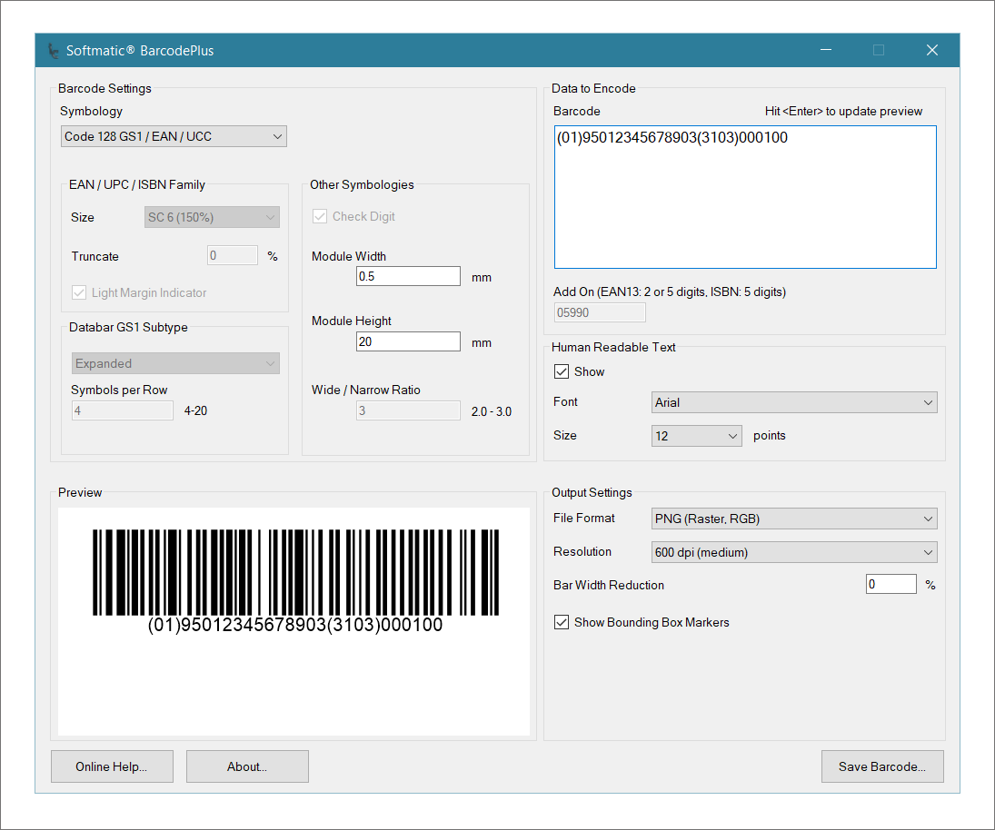 Screenshot of Softmatic Barcode Software creating Code 128 GS1 UCC EAN barcode